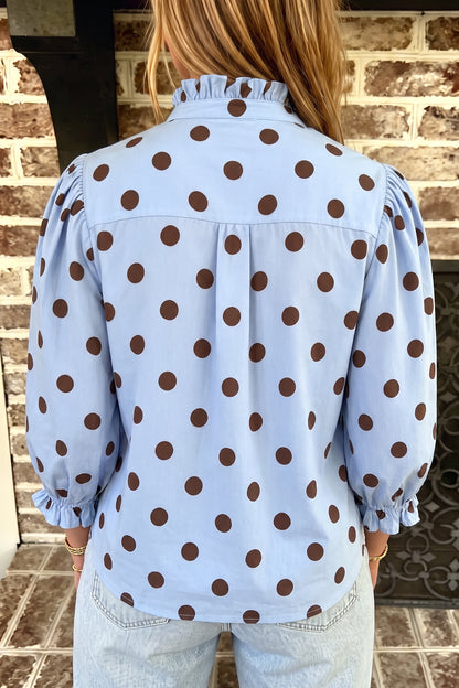 Sky Blue Polka Dot Striped Print Ruffle Stand Neck 3/4 Sleeve Shift Shirt