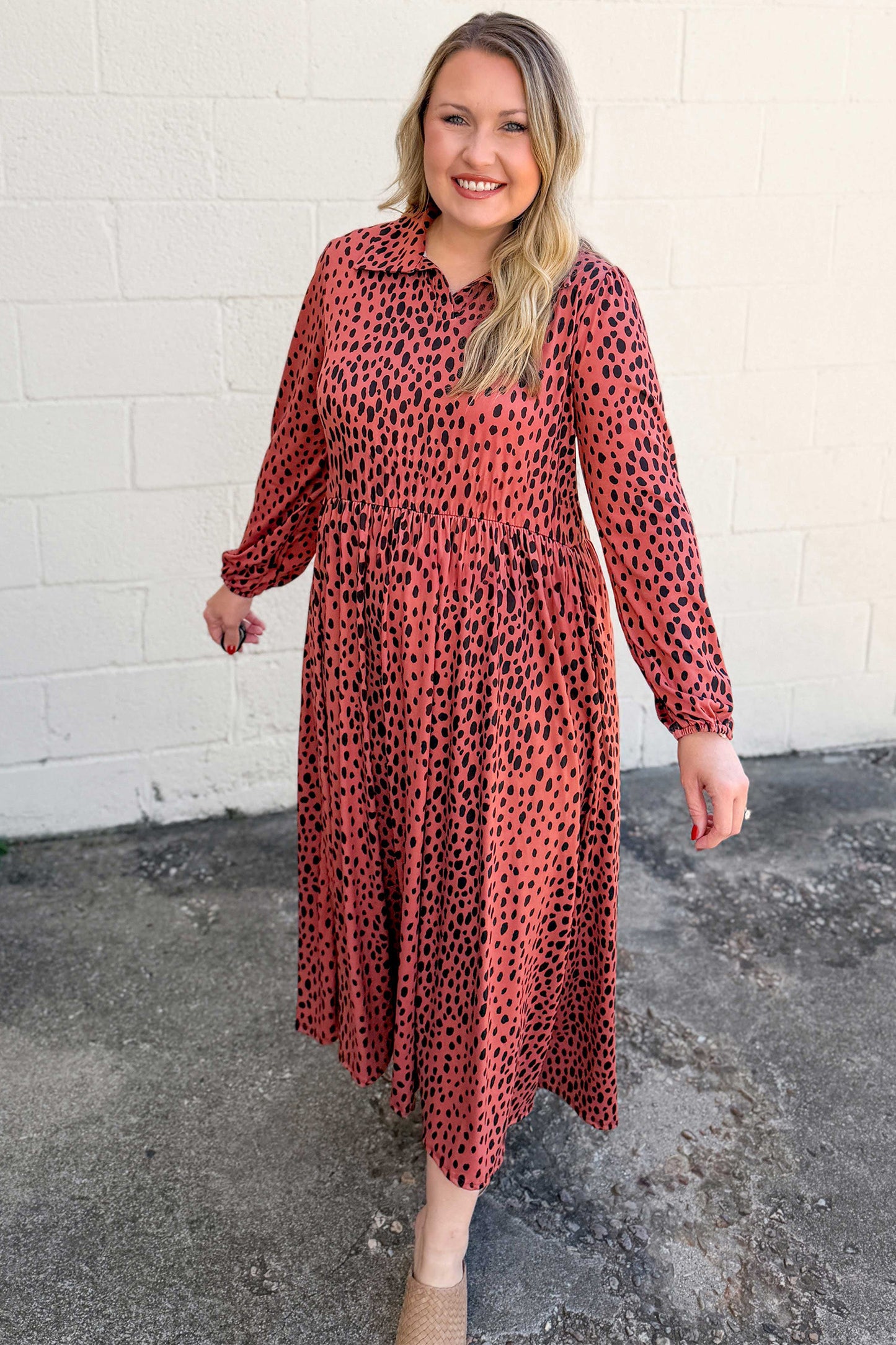 Red Leopard Print Long Sleeve V Neck Plus Size Midi Dress