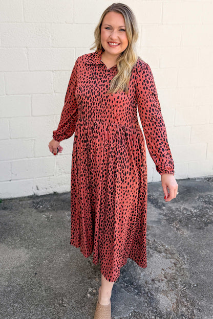 Red Leopard Print Long Sleeve V Neck Plus Size Midi Dress