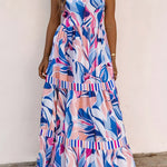 Sky Blue Abstract Print Striped Detail Knot Strap Maxi Dress