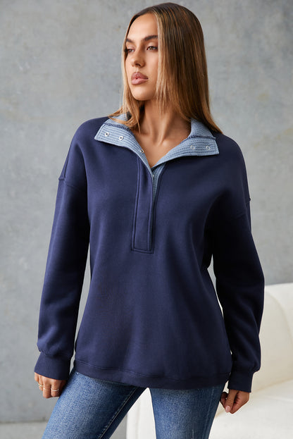 Dirty blue Drop Shoulder Metal Button Casual Pullover Sweatshirt