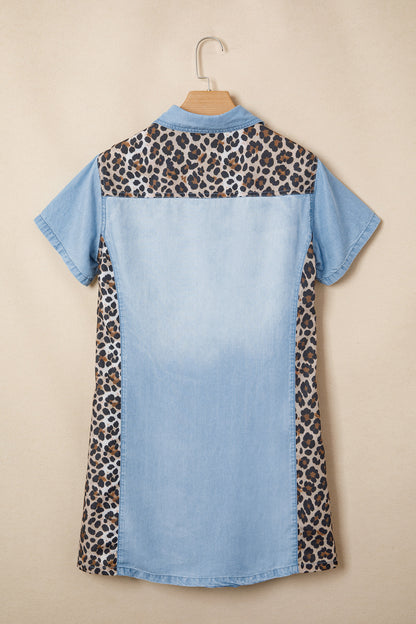 Myosotis Denim Color Block Leopard Patchwork Shirt Collar T Shirt Mini Dress