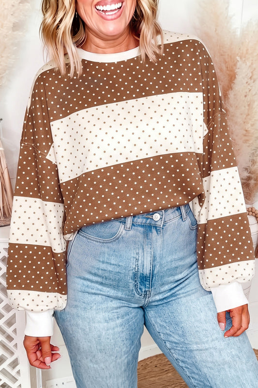 Brown Polka Dot Color Block Drop Shoulder Plus Size Long Sleeve Top