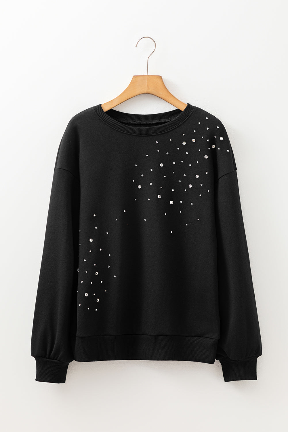Black Rhinestone Embellished Drop Shoulder Ribbed Cuffs Sweatshirt