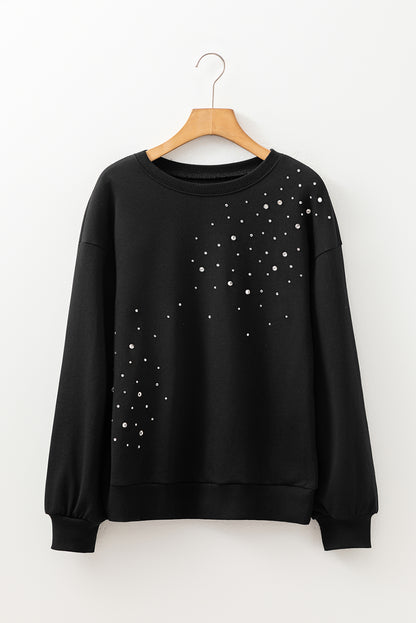 Black Rhinestone Embellished Drop Shoulder Ribbed Cuffs Sweatshirt