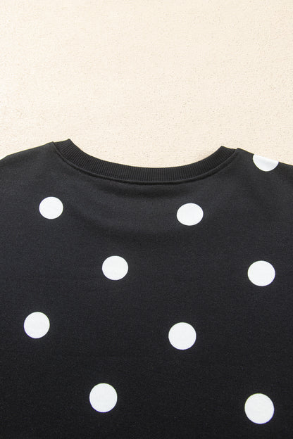 Black Polka Dot Raw Hem Relaxed Pullover Loose Skort Two Piece Set
