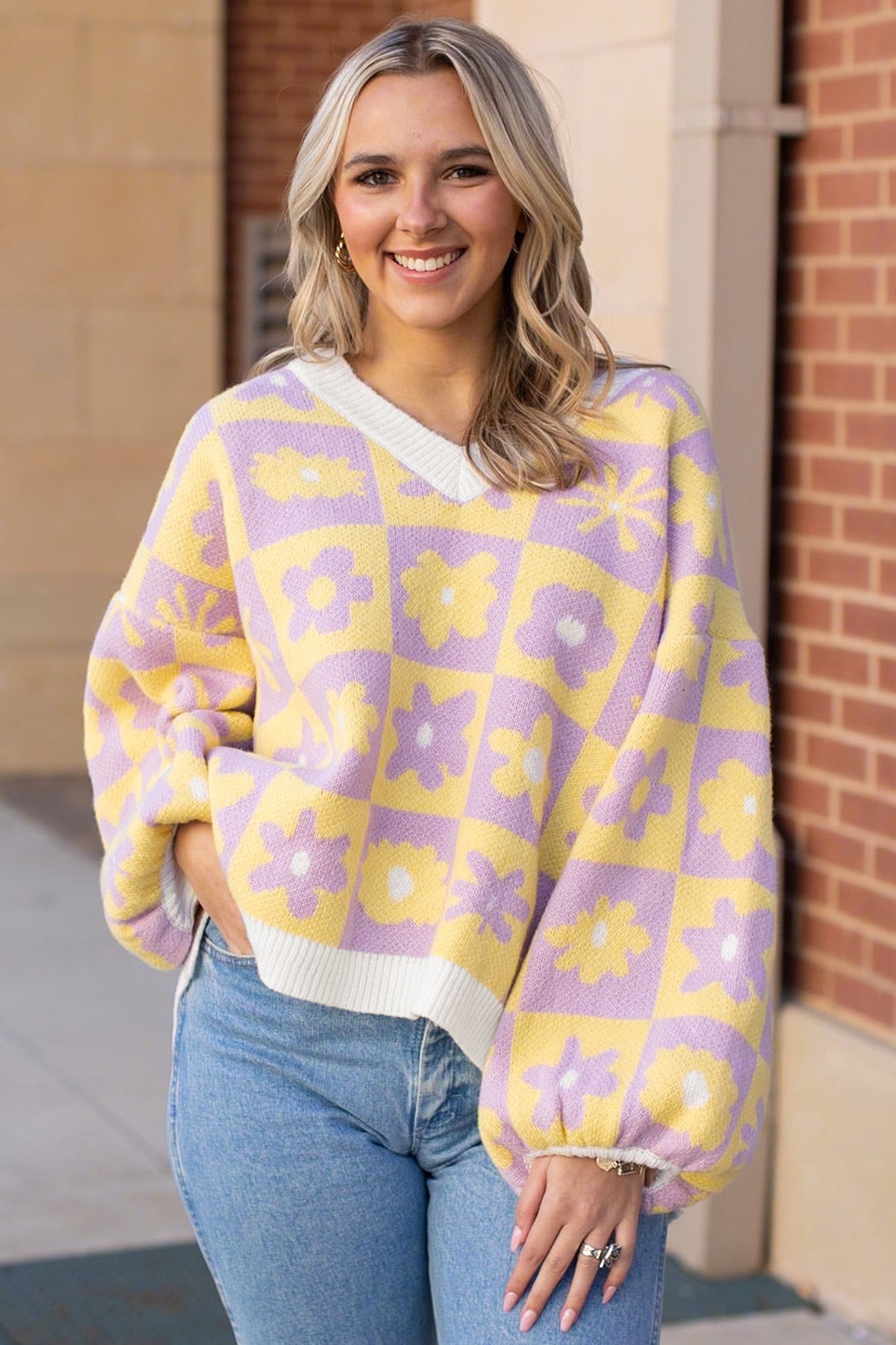 Multicolour V Neck Plaid Floral Long Sleeve Plus Size Sweater