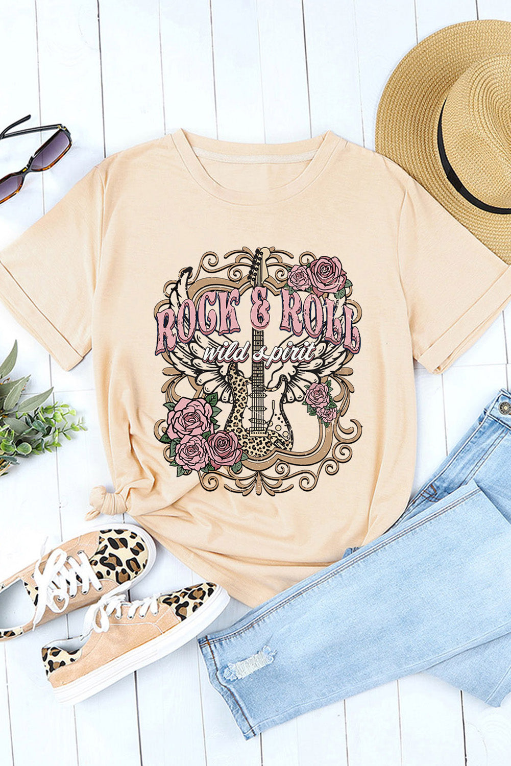 T-shirt graphique à manches courtes imprimé léopard kaki AMEN