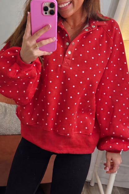 Red Polka Dot Print Metal Button Collar Casual Pullover Sweatshirt