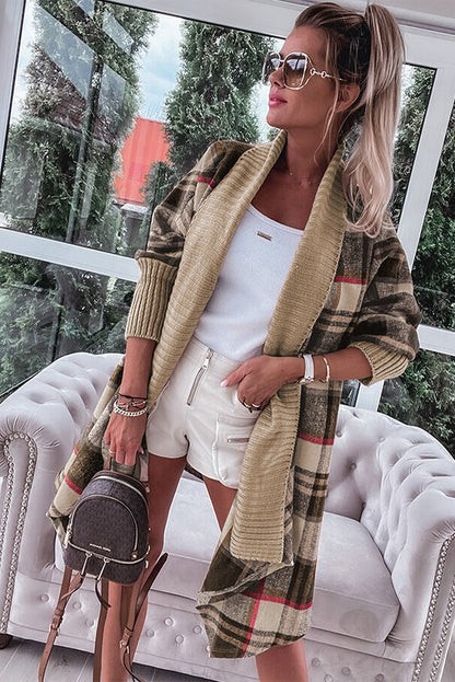 Brown Ribbed Splicing Plaid Open Front Cardigan