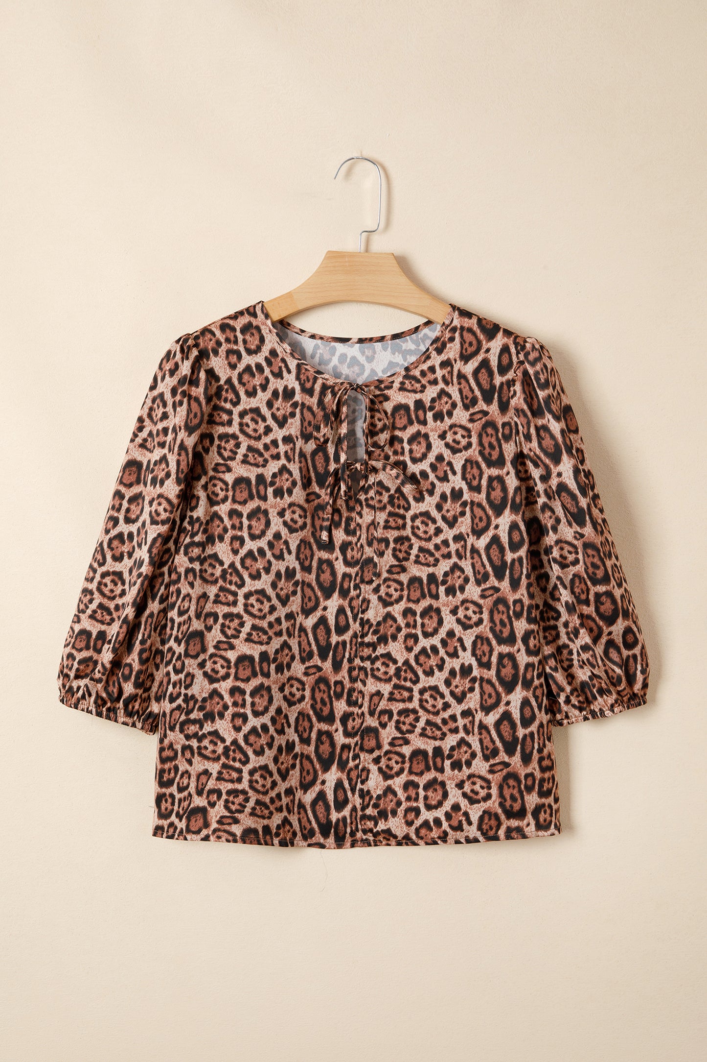 Brown Leopard Bow Tie Puff Sleeve Blouse