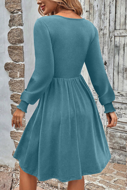 Canton Shirred Cuff Long Sleeve Button Round Neck Mini Dress