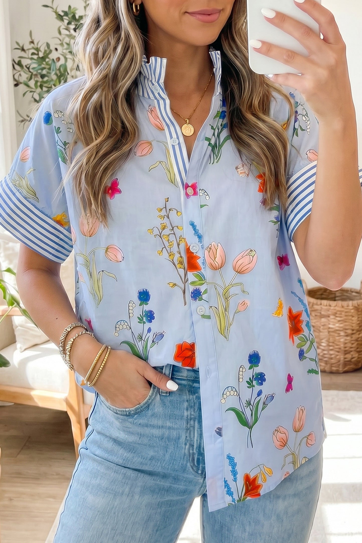 Beige Floral Striped Patchwork Ruffled Collar Short Sleeve Shirt