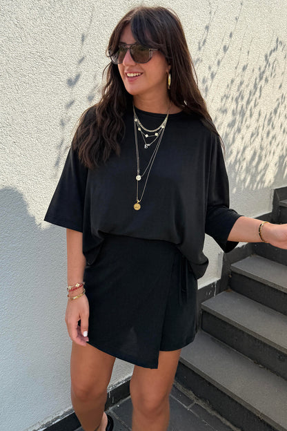 Black Solid Color Oversize Tee Tie Wrap Mini Skort 2pcs Set