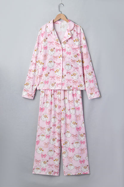 Pink Abstract Santa Print Long Sleeve Full-Length 2Pcs Lounge Set