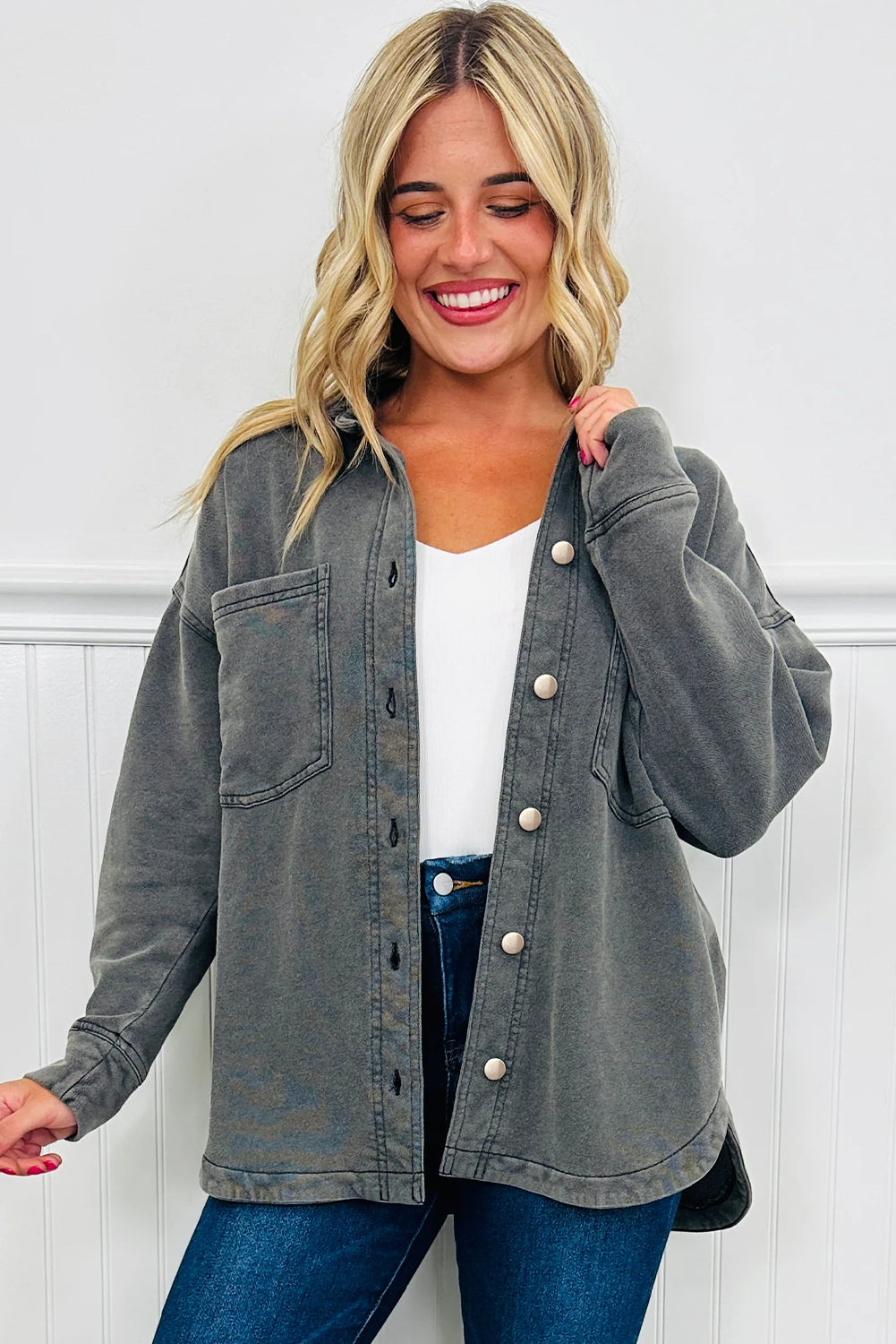 Medium Grey Mineral Wash Chest Pockets Drop Shoulder Shacket with Side Slit