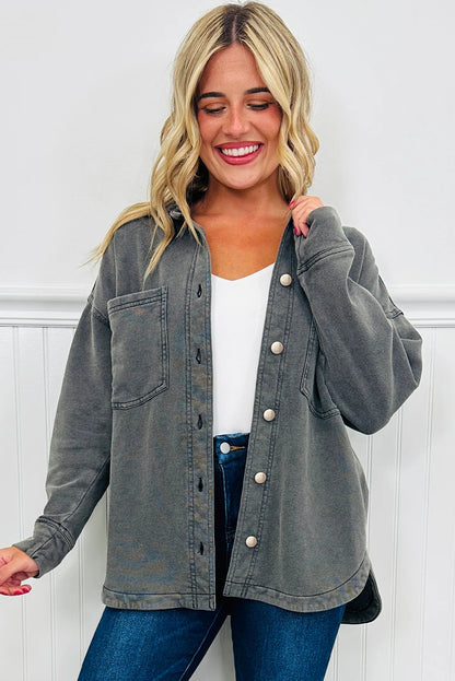 Medium Grey Mineral Wash Chest Pockets Drop Shoulder Shacket with Side Slit