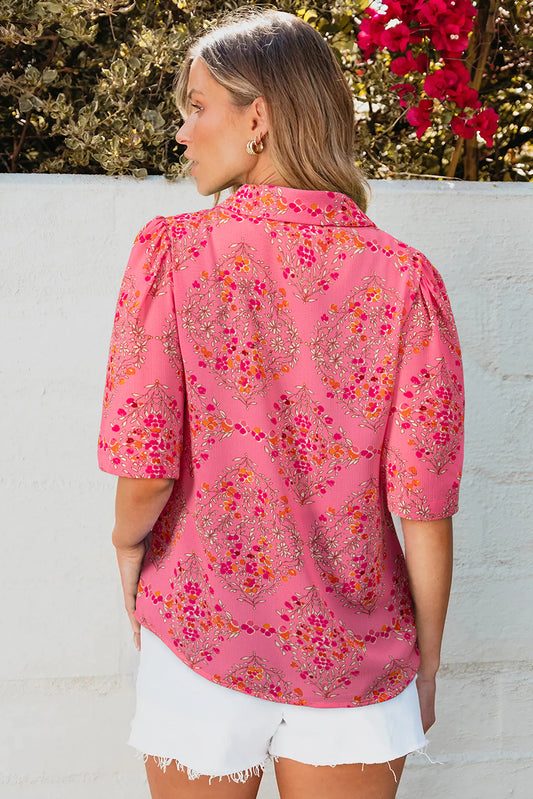 Rose Red Floral Print Wide Short Sleeve Loose Shirt