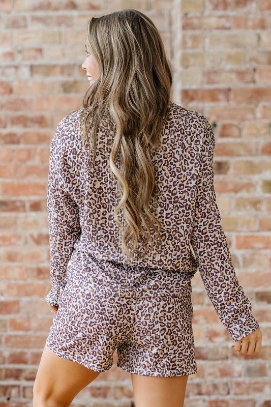 Khaki Leopard Ribbed Long Sleeve Top Drawstring Shorts 2pcs Outfit