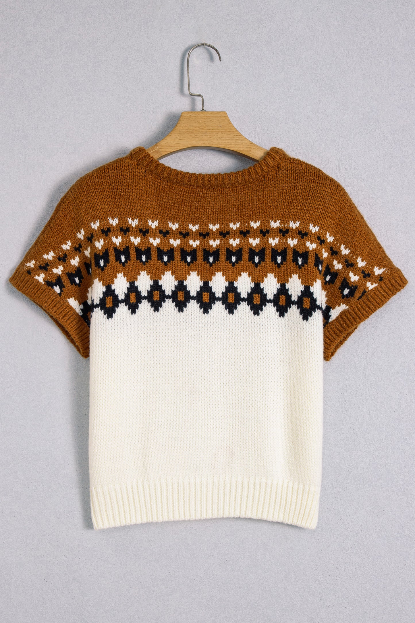 Brown V Neck Short Sleeve Geometric Print Western Style Knit Tee