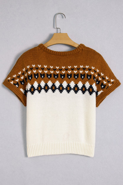 Brown V Neck Short Sleeve Geometric Print Western Style Knit Tee