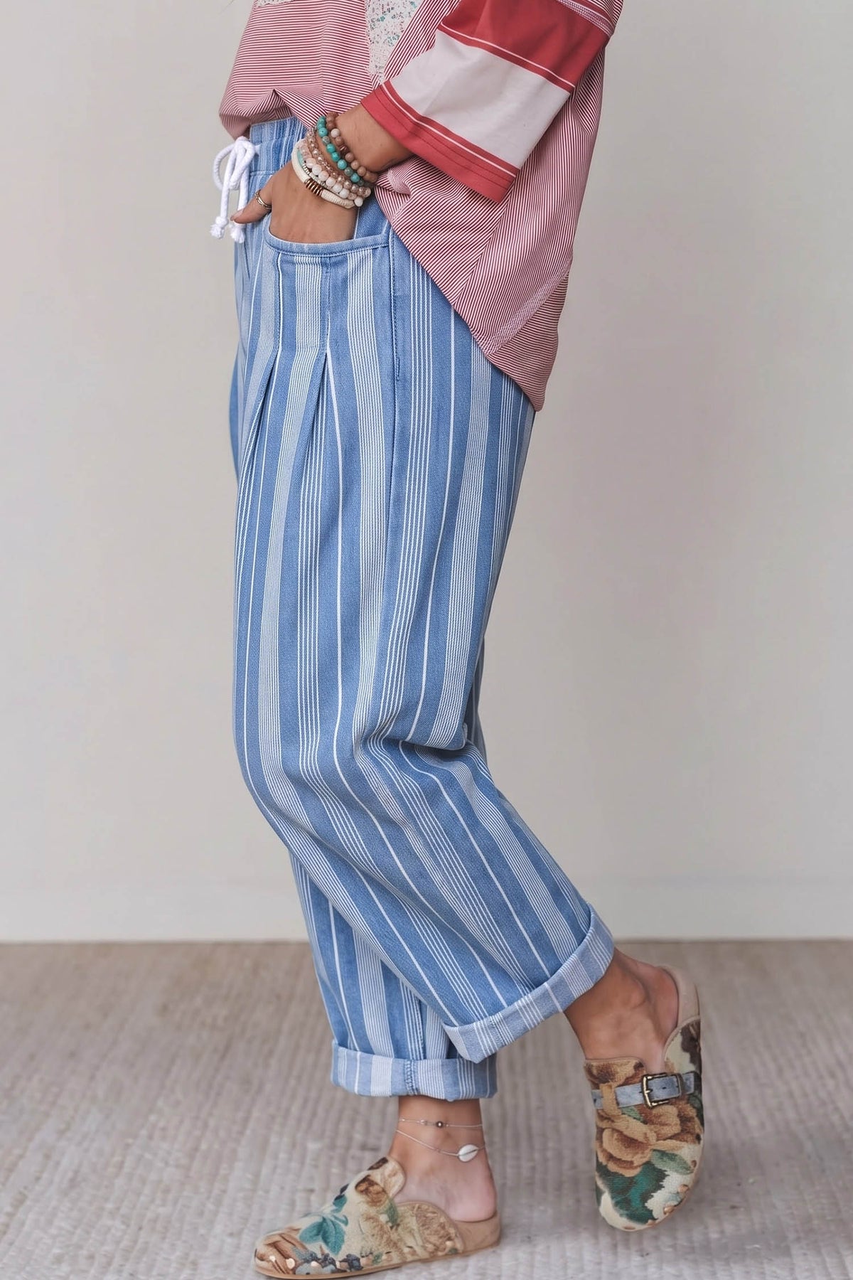 Sky Blue Stripe High Waist Wide Leg Lace Up Barrel Jeans