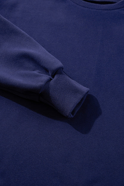 Navy Blue Solid Fleece Lined Drop Shoulder High Low Sweatshirt