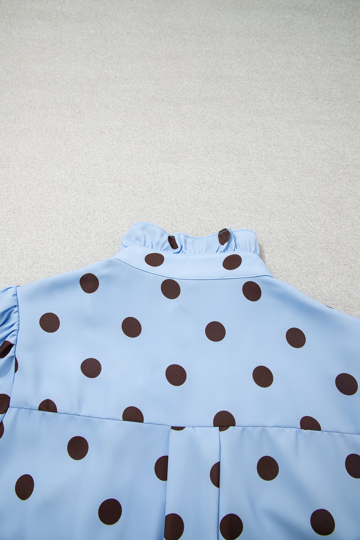 Sky Blue Polka Dot Striped Print Ruffle Stand Neck 3/4 Sleeve Shift Shirt