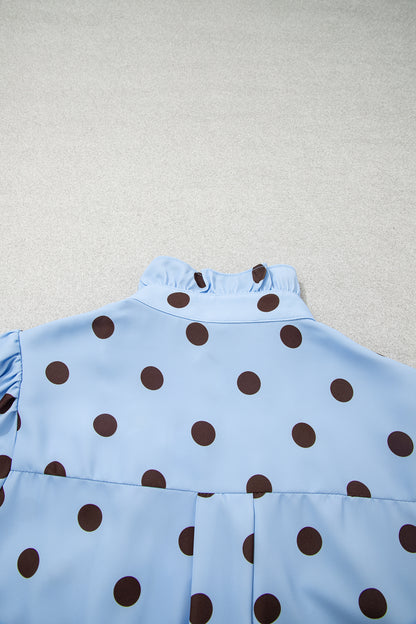 Sky Blue Polka Dot Striped Print Ruffle Stand Neck 3/4 Sleeve Shift Shirt