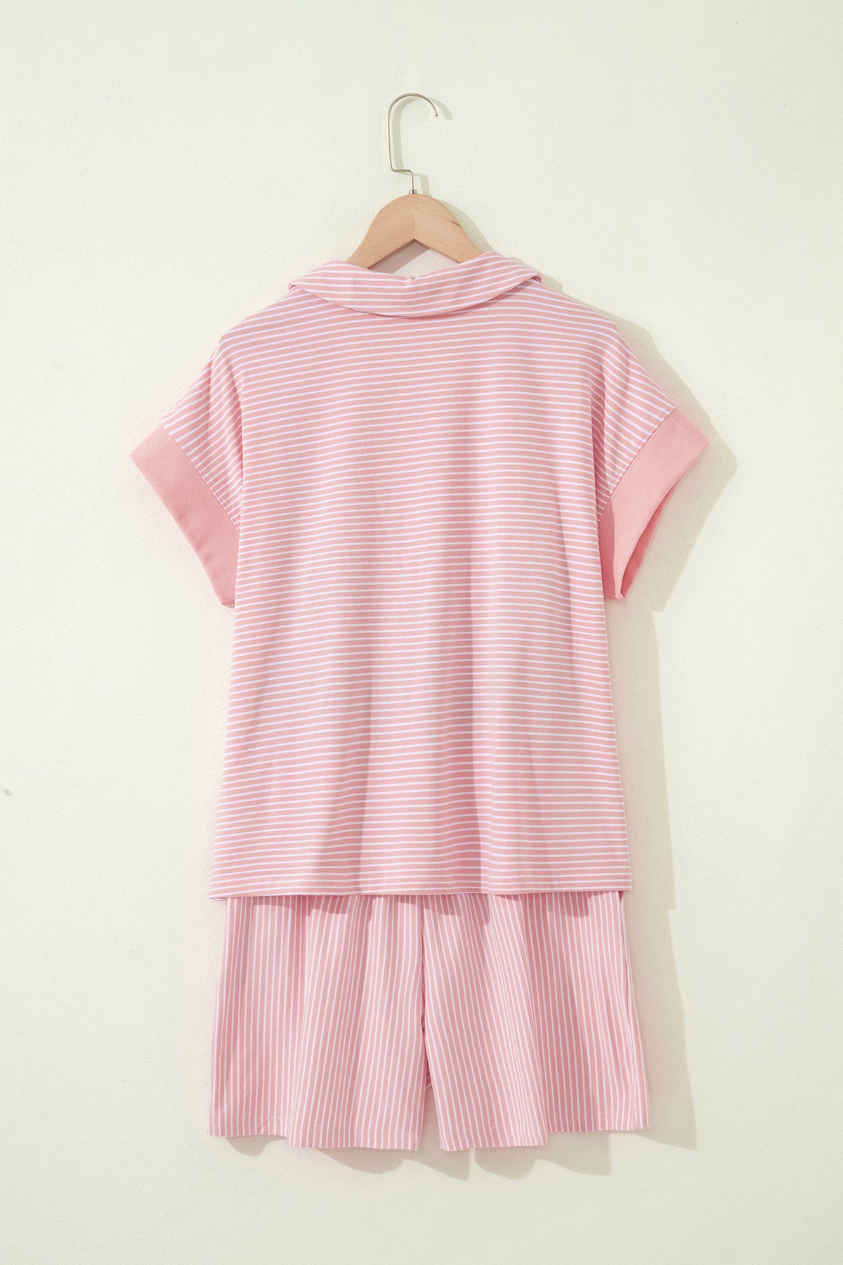 Pink Stripe Dolman Sleeve Polo Shirt and Drawstring Shorts Set