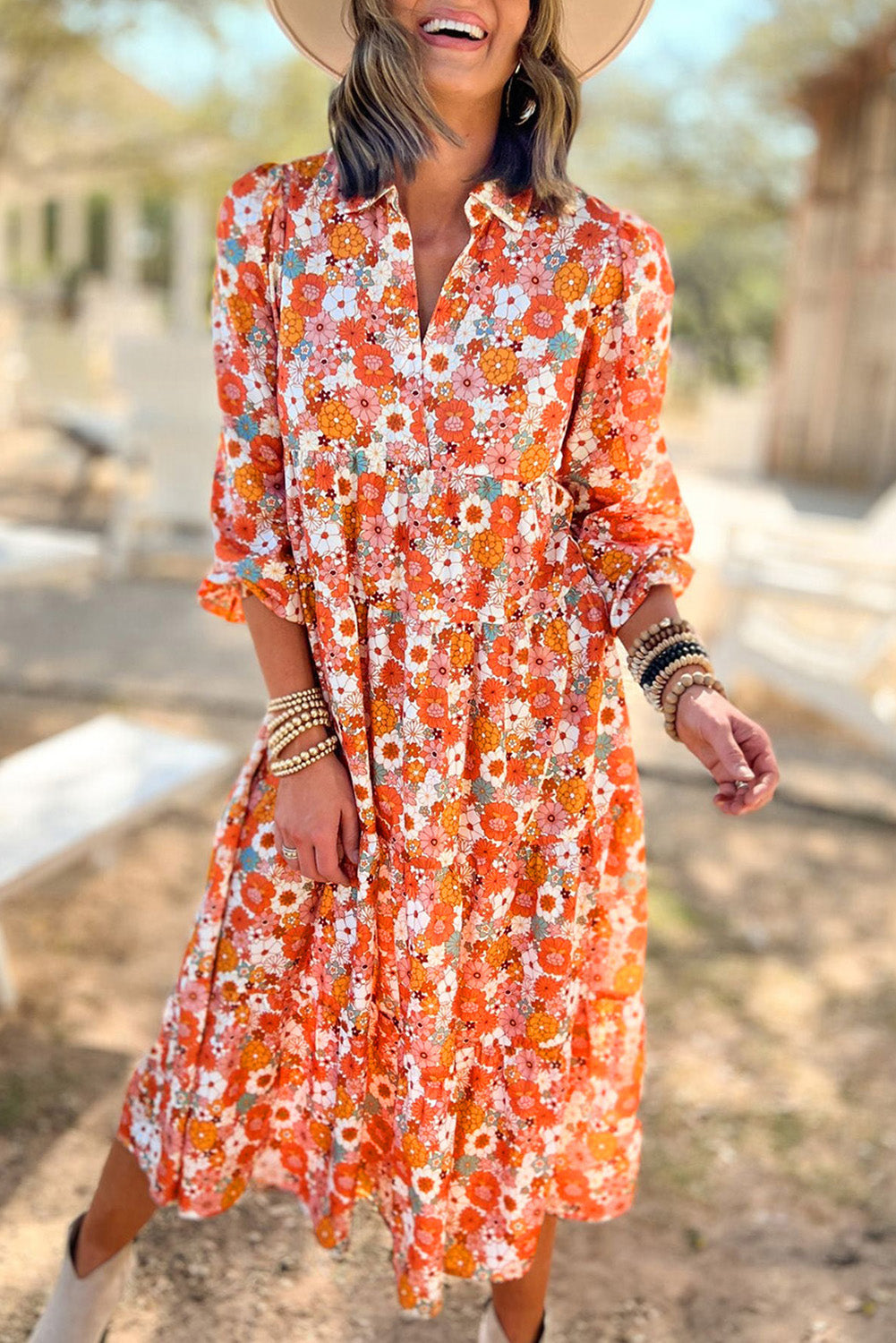 orange boho dress Multicolor Boho Floral Collared Long Sleeve Ruffled Dress Multicolor / M / 100%Polyester