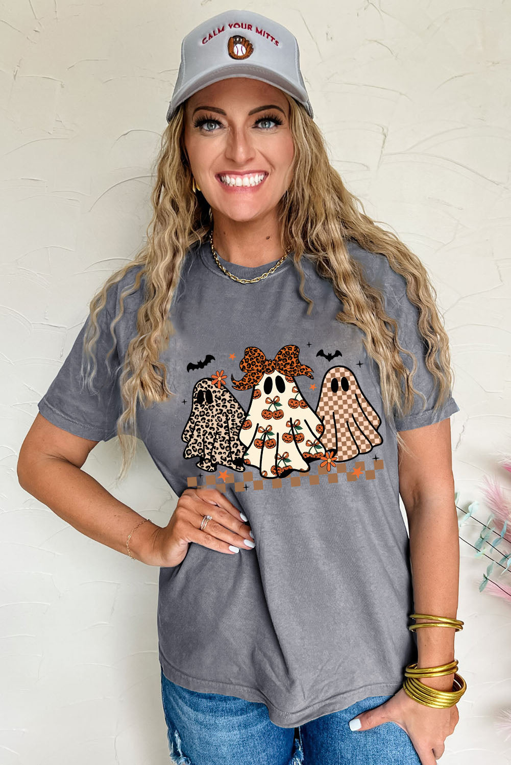Gray Cute Halloween Ghost Printed Womens Casual Tee