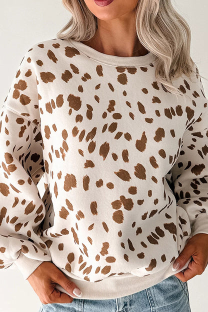 Brown Leopard Print Dropped Shoulder Round Neck Casual Sweatshirt