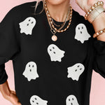 Black Sequin Halloween Ghost Patched Drop Shoulder Sweatshirt