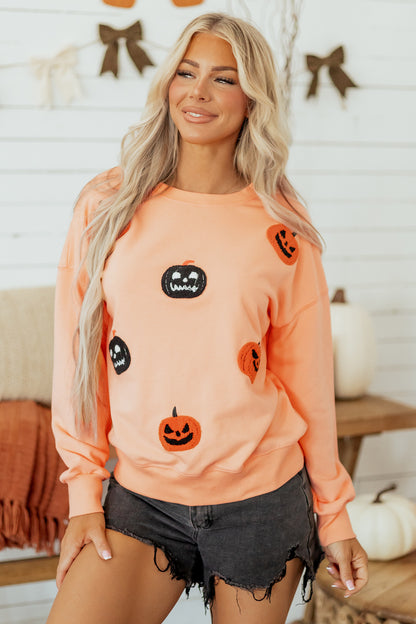 Orange Embroidered Pumpkin Face Drop Shoulder Sweatshirt