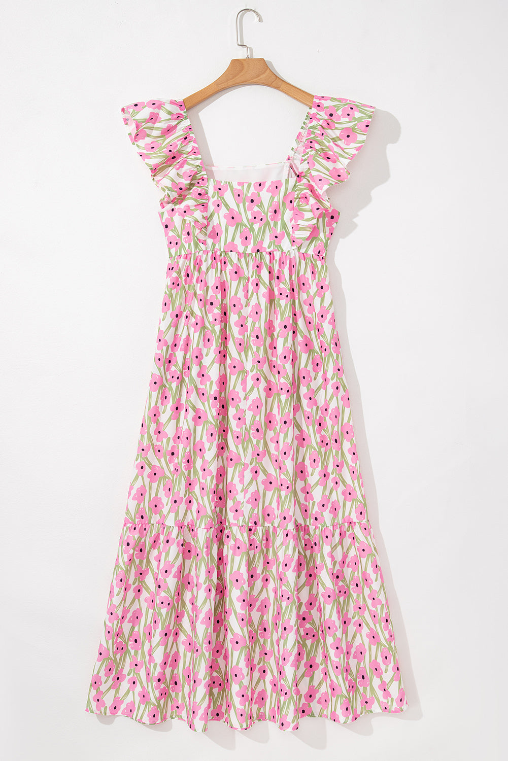 Robe longue rose à imprimé floral, col carré et bretelles à volants