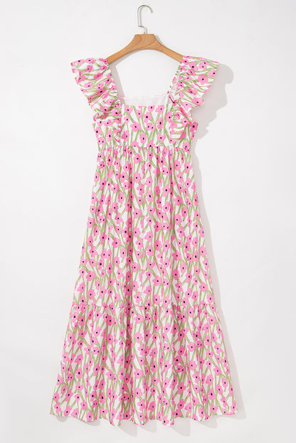 Robe longue rose à imprimé floral, col carré et bretelles à volants