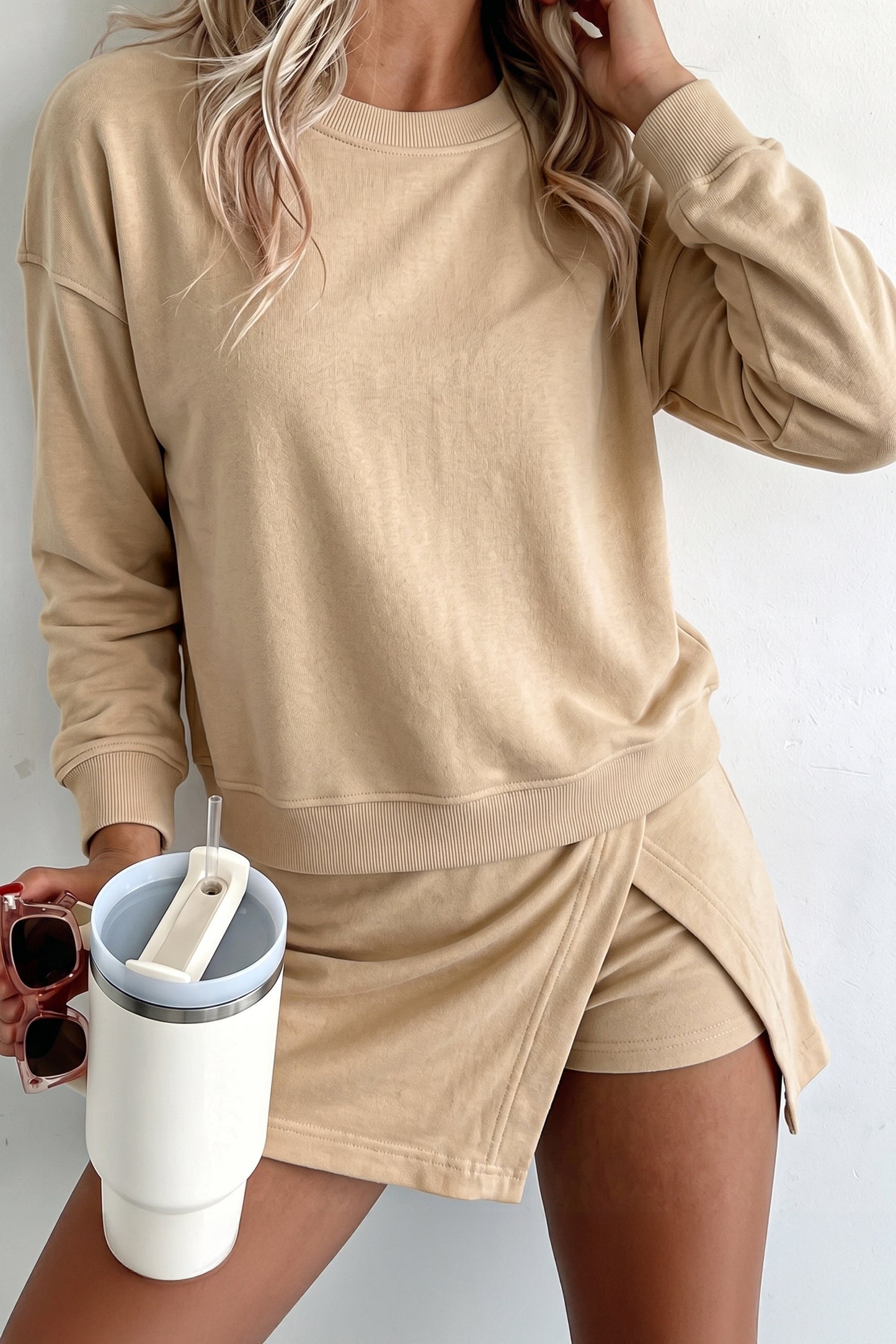 Parchment Solid Color Long Sleeve Top Split Skort 2pcs Outfit
