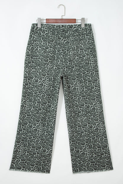 Gray Leopard Frayed Edge Wide Leg High Waist Jeans
