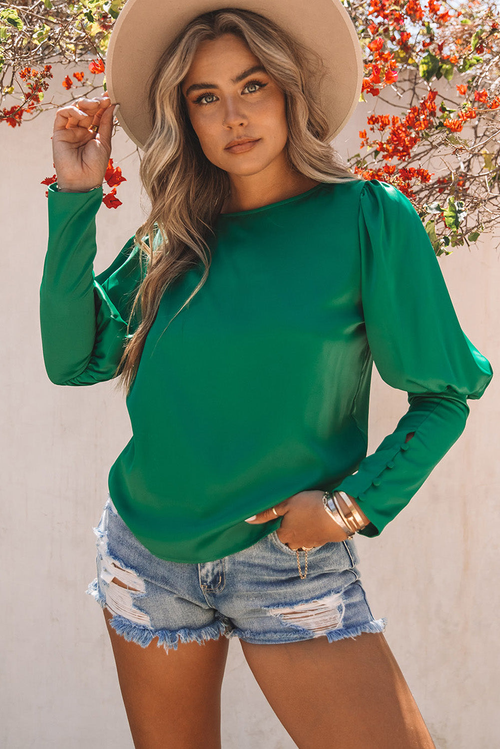 Satin Buttoned Cuffs Puff Sleeve Top