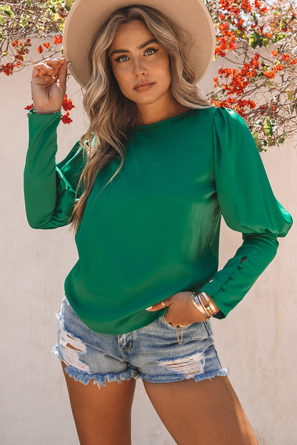 Satin Buttoned Cuffs Puff Sleeve Top