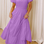 Lavendula Solid Color V Neck Short Puff Sleeve High Waist Tiered Maxi Dress