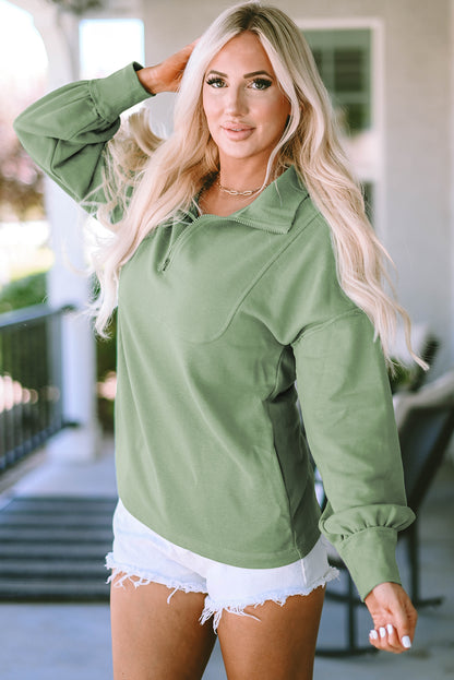 Green Casual Zip Collared Pullover Sweatshirt