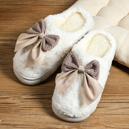 White Contrast Bowknot Applique Plush Winter Slippers (Colors May Differ by Batch)