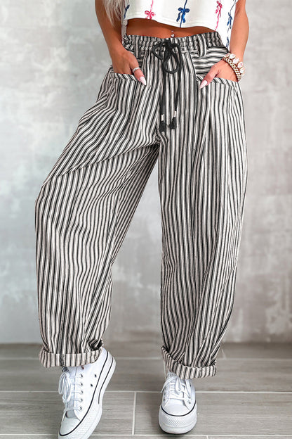 Black Stripe Drawstring Casual Loose Pants