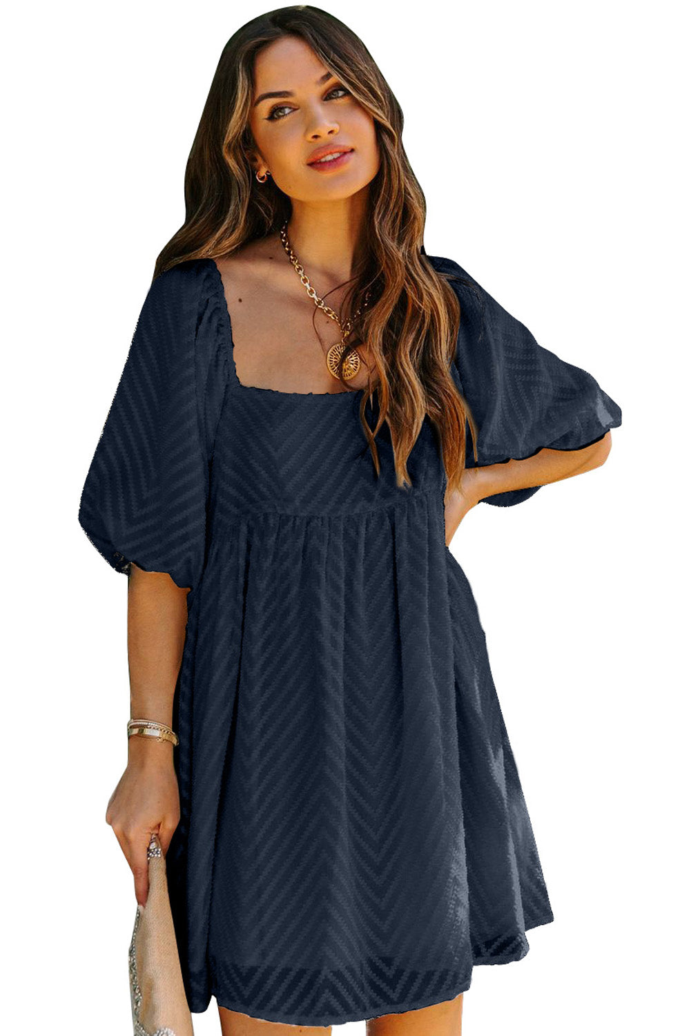 Mini-robe babydoll à col carré et manches bouffantes