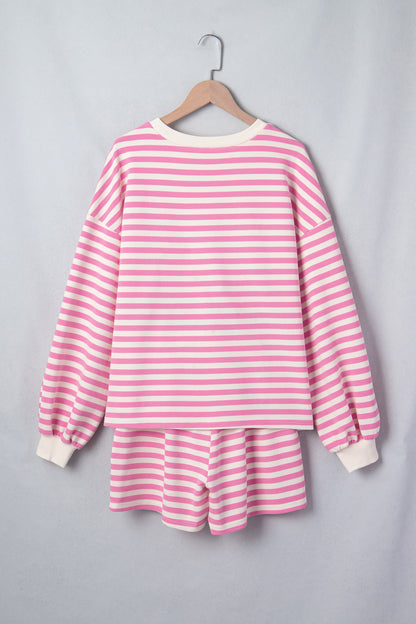 Pink Striped Long Sleeve Crew Neck Drawstring Waist Shorts Set