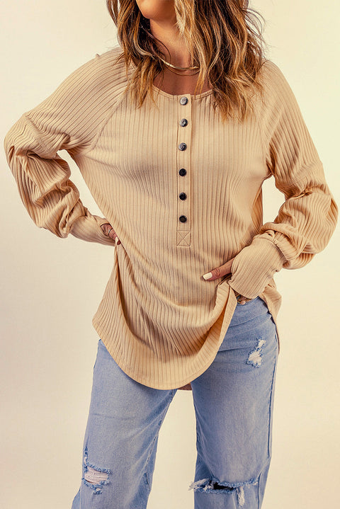 Ribbed Textured Thumbhole Puff Sleeve Pullover