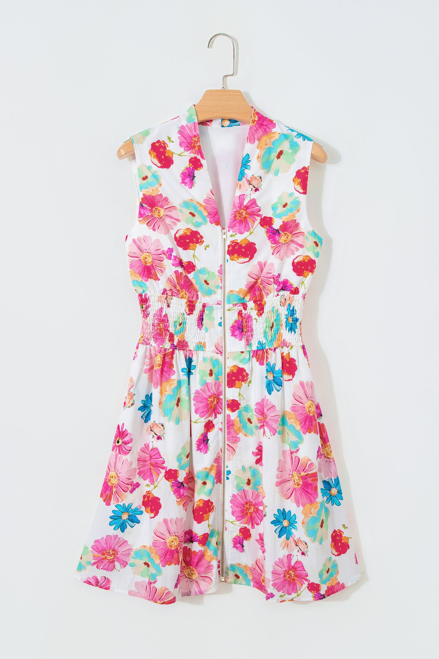 Pink Adorable Floral Print V Neck Zip Up Smocked Waist Flared Mini Dress