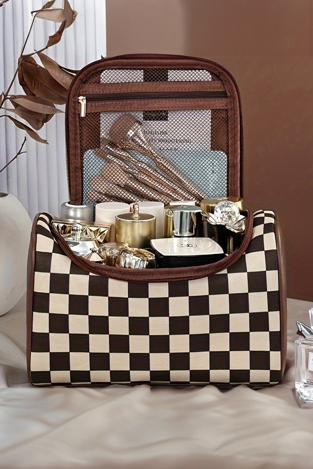 Trousse de maquillage zippée en cuir PU à carreaux noirs